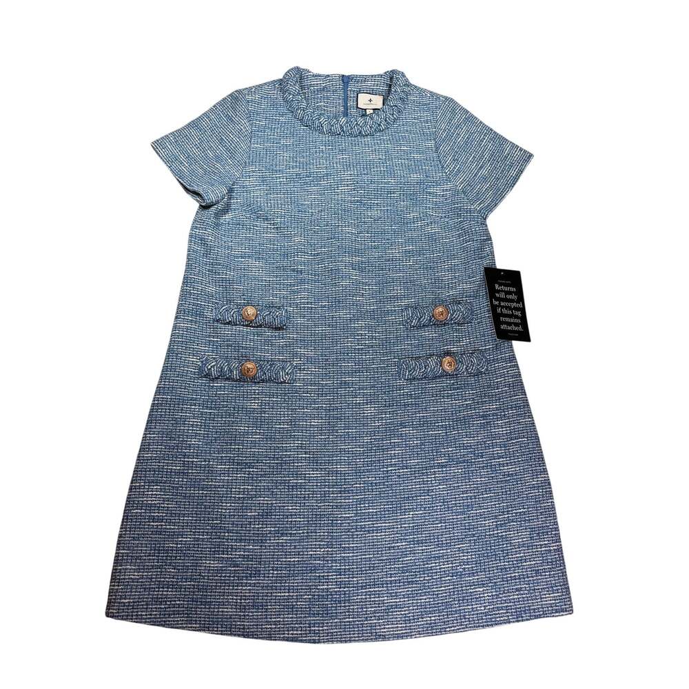 Tuckernuck Jackie Blue White Tweed Shift Dress NWT Large Gold Lion Buttons